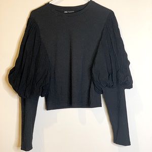 NWT Zara Black Contrasting Puff Sleeve Top